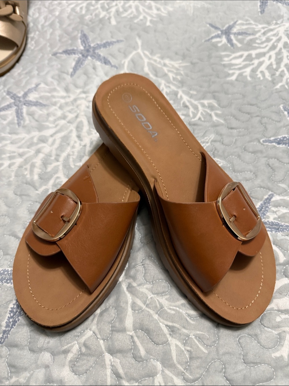 Soda Women's Cognac Slide Sandals with Gold Buckle
